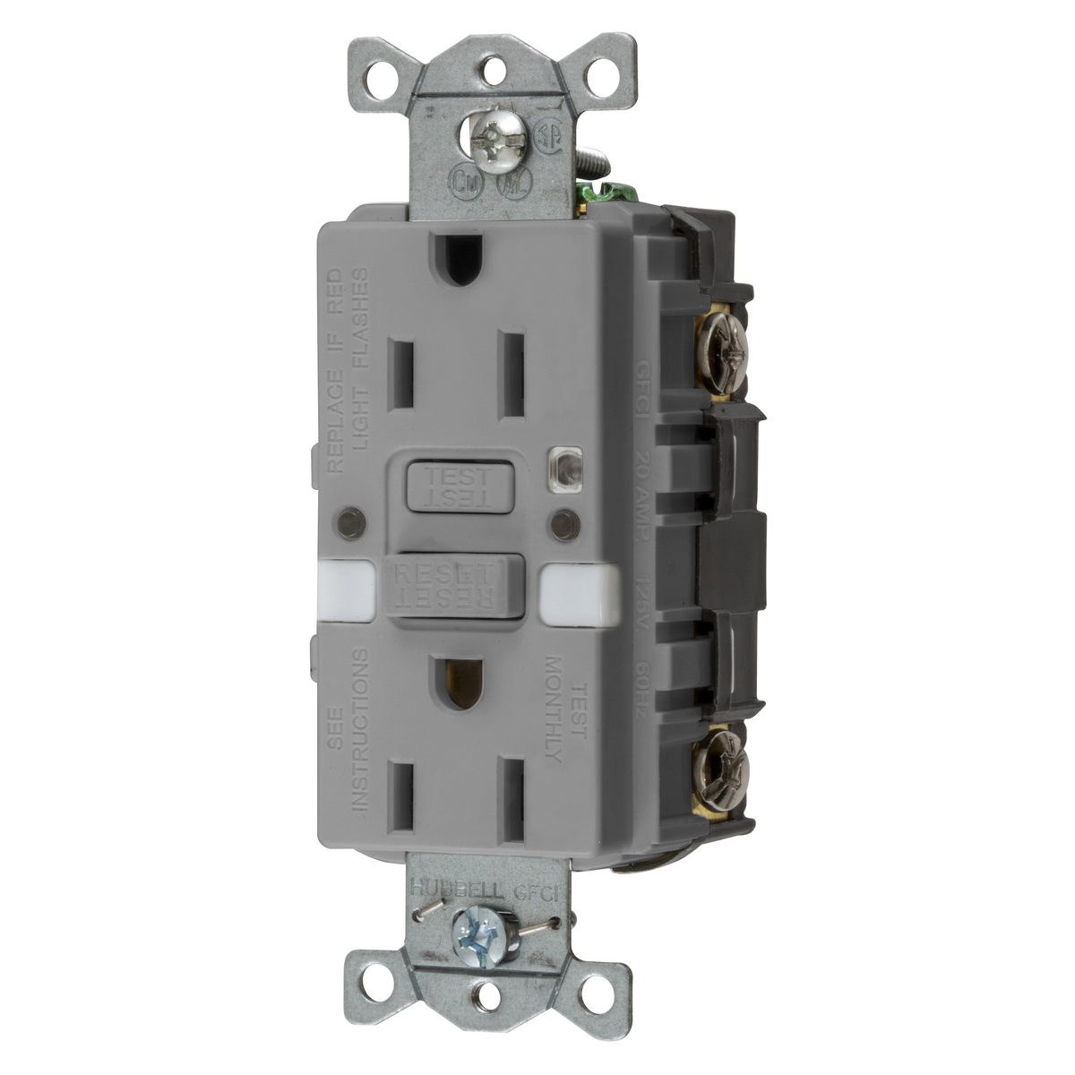 HUBBELL - BRYANT GFRST15GYNL Gfci-Steckdose, Selbsttest, 15 A 125 V, 5-15 R, mit Nachtlicht, grau