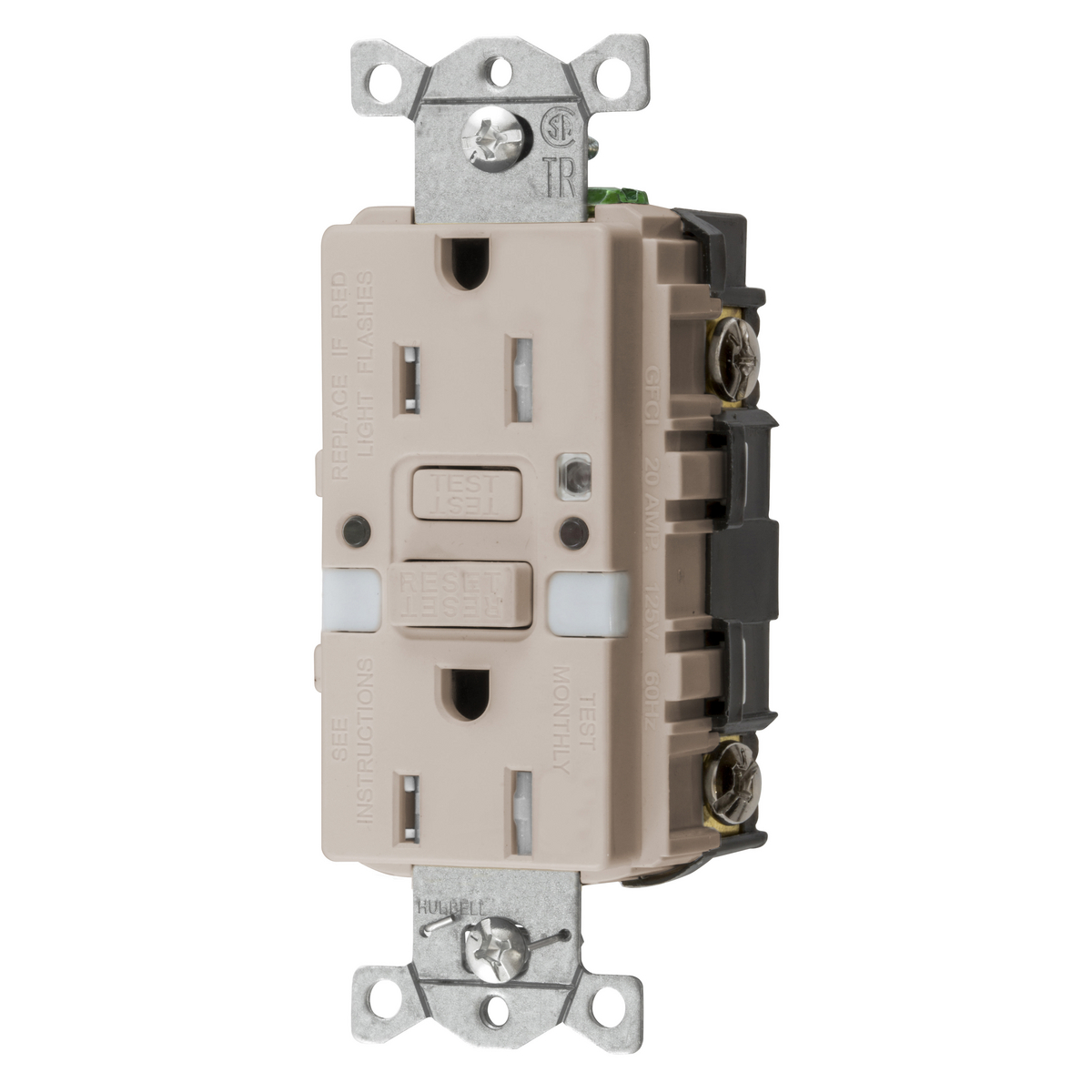 HUBBELL - BRYANT GFTRST15LANL GFCI-Steckdose, Selbsttest, 15 A, 125 V, 5–15 R, mit Nachtlicht, helles Mandel